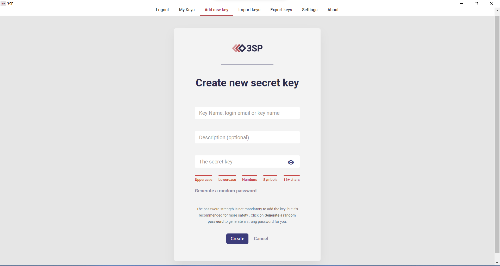 3sp-application create a new key page